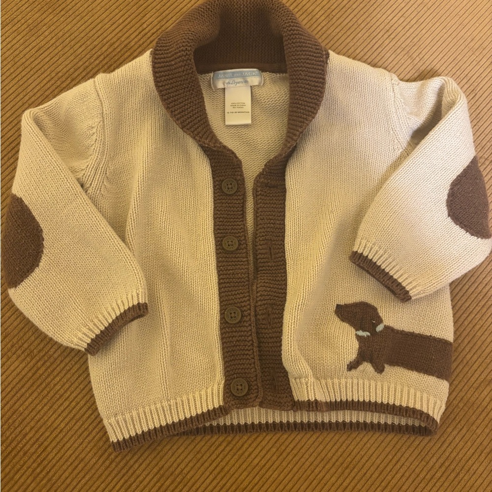 Janie and Jack Dachshund Cream Sweater with Brown Trim